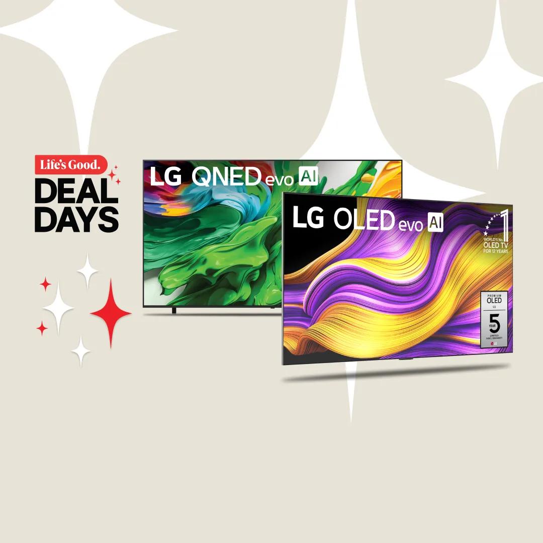 “Life’s Good Deal Days” title badge. An OLED, QNED TV on a white background. “100% color volume” badge.
