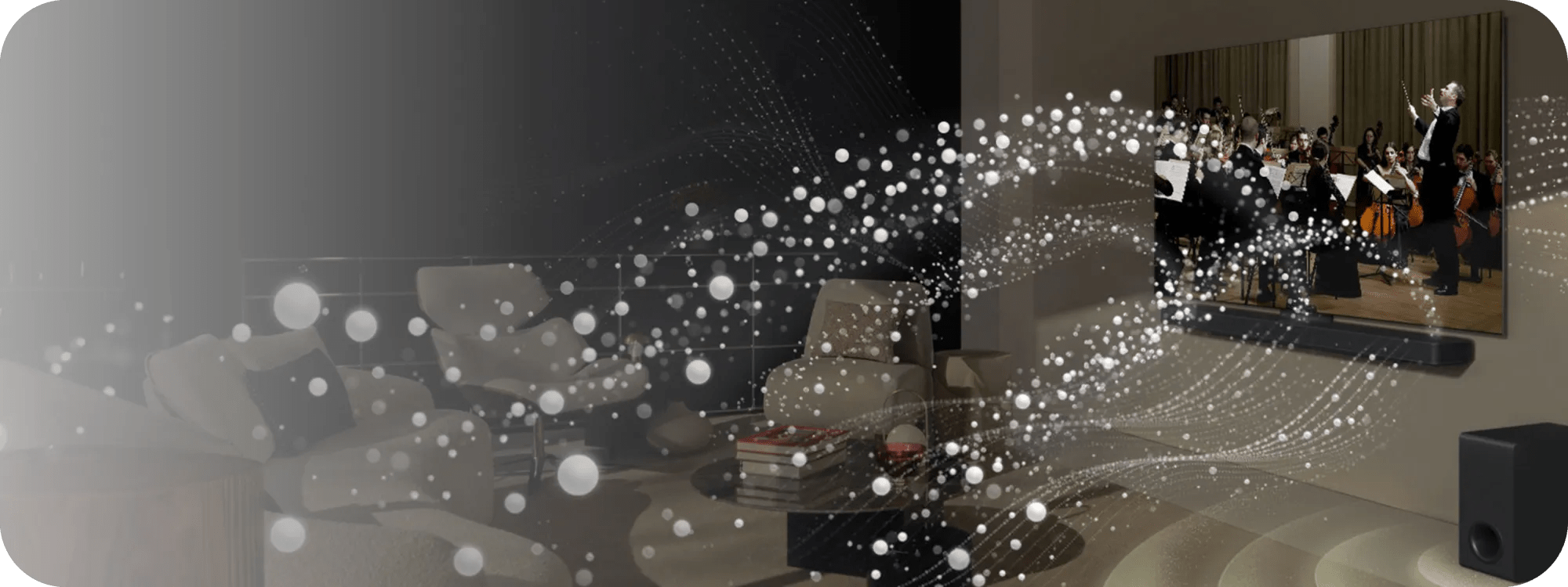 Modern home theater with large LG TV and Soundbar. Visualized white dots and wave lines flow from screen and soundbar into the room, illustrating immersive sound projection.