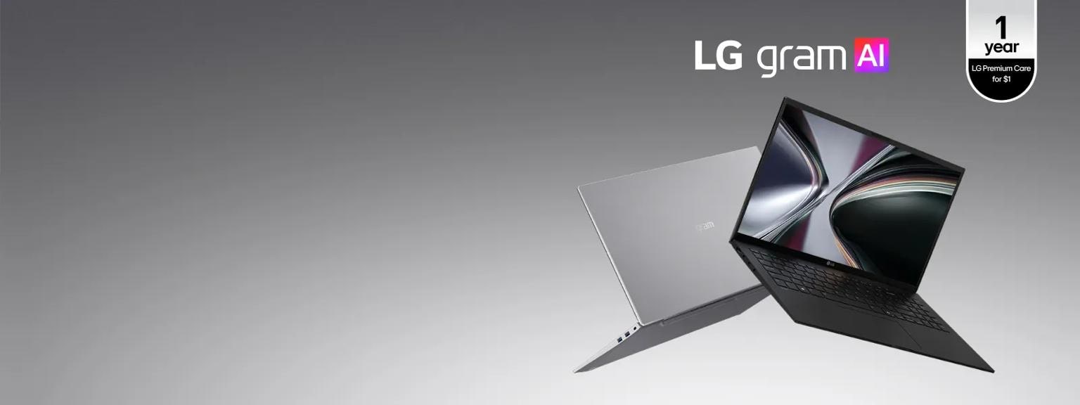 “LG gram AI” title. 2 laptops appear back-to-back. “1 year of LG Premium Care for $1” badge.