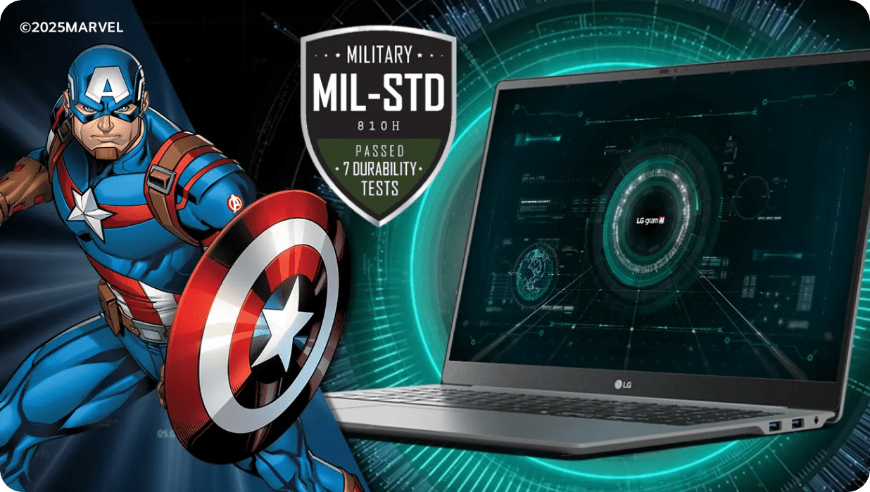 Captain America standing next to an open LG laptop displaying a digital interface. A shield-shaped badge states, Military MIL-STD 810H Passed 7 Durability Tests. The background is a futuristic digital theme. ©2025 Marvel is visible.
