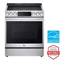 LG smart induction range with digital controls, in stainless steel. Next to it, the Energy Star certification badge and LG Reliability Badge that says, "Brought to you by America's most reliable line of appliances."
