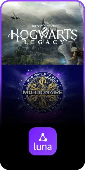 webOS gaming content card featuring Hogwarts Legacy by Portkey Games, Who Wants to Be a Millionaire, and the Amazon Luna app icon.