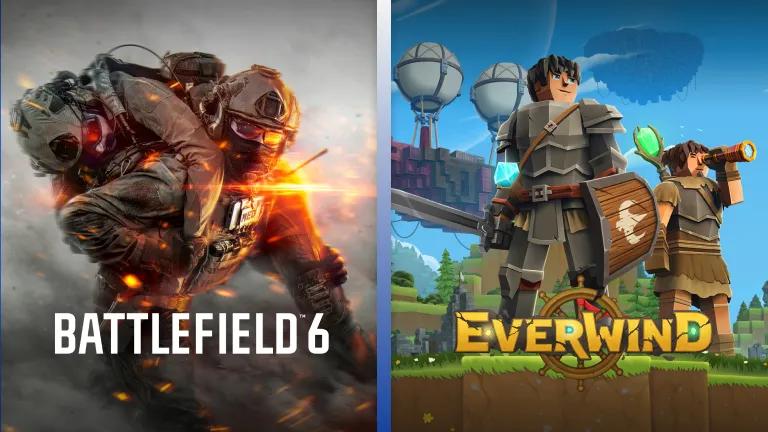 A split-screen graphic displaying two video games: Battlefield 6 on the left, featuring a realistic, heavily armored soldier in a fiery combat scene, and Everwind on the right, showing a blocky, voxel-style knight with a shield in a bright, grassy landscape.