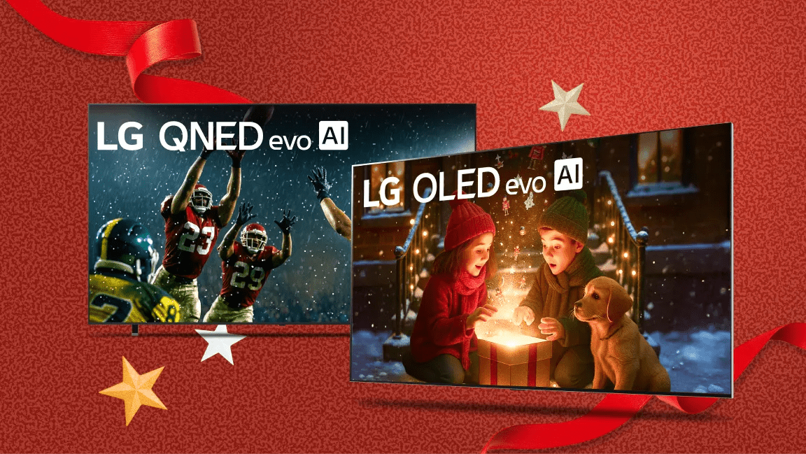 Boxes display LG OLED and QNED TVs.
