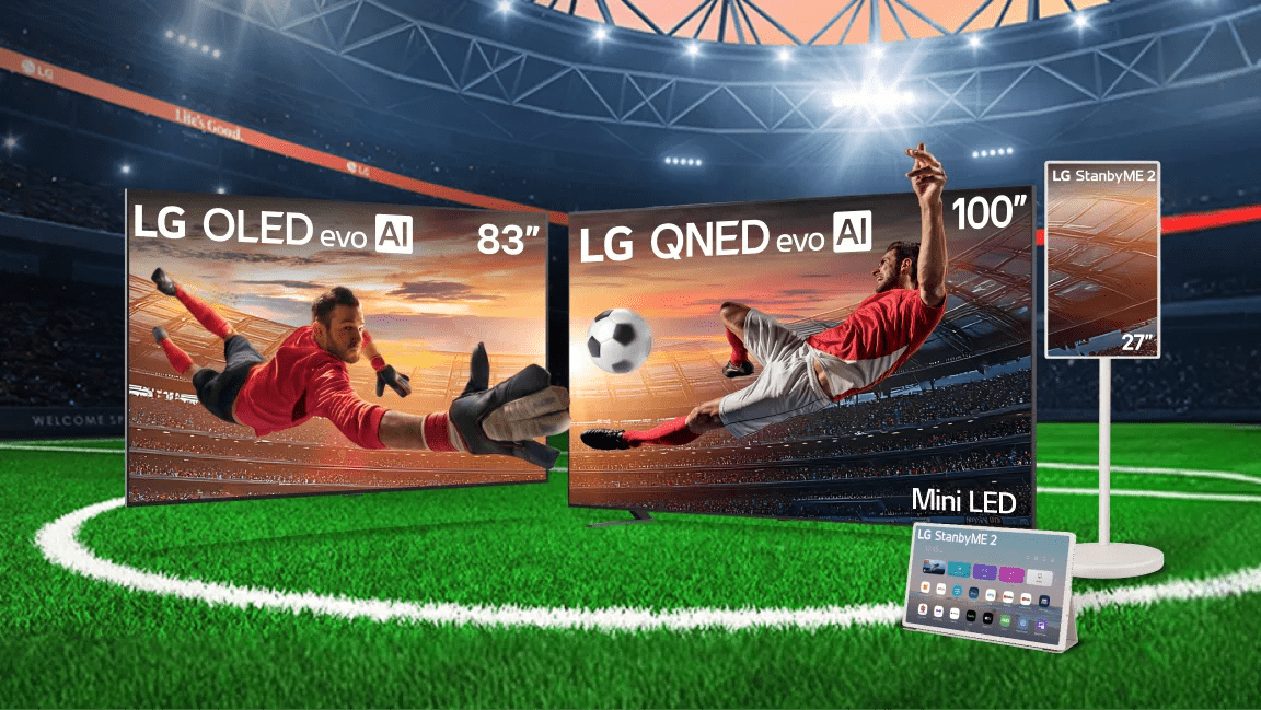 An LG OLED and QNED Mini LED TV appear beside a StanbyME 2 in soccer stadium setting. Screens show a player and goalie in action. “Game Changers Event 2026” badge. “Sling $210 credit” pop-out text.