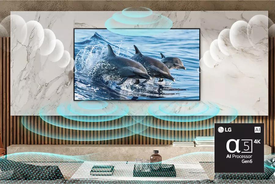 A nature scene on-screen with sound waves reverberating from the TV. Alpha5 AI Processor Gen6 chip.