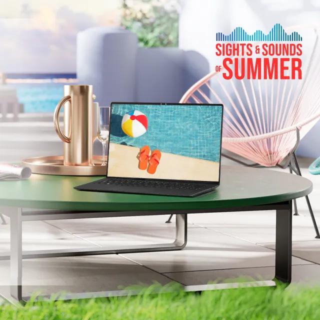 “Sights and sounds of summer” title . LG gram laptop on a poolside table. 