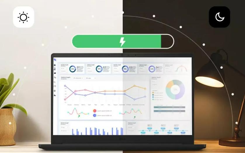 A laptop on a desk with a screen showing analytical graphs, split between a light and dark background, with day and night mode icons.