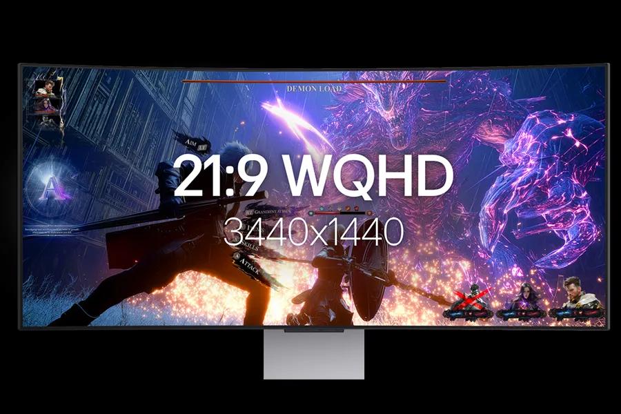 LG 34GX90SB-W UltraGear OLED Gaming Monitor displaying 21:9 WQHD 3440x1440 resolution with gaming content