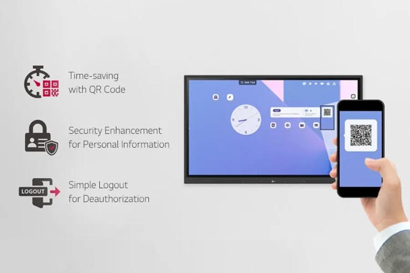 A person scans LG CreateBoard's displayed QR code to log in using their smartphone.