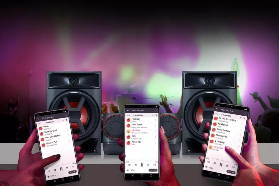Image of the product with three cell phones showing playlists on the screens