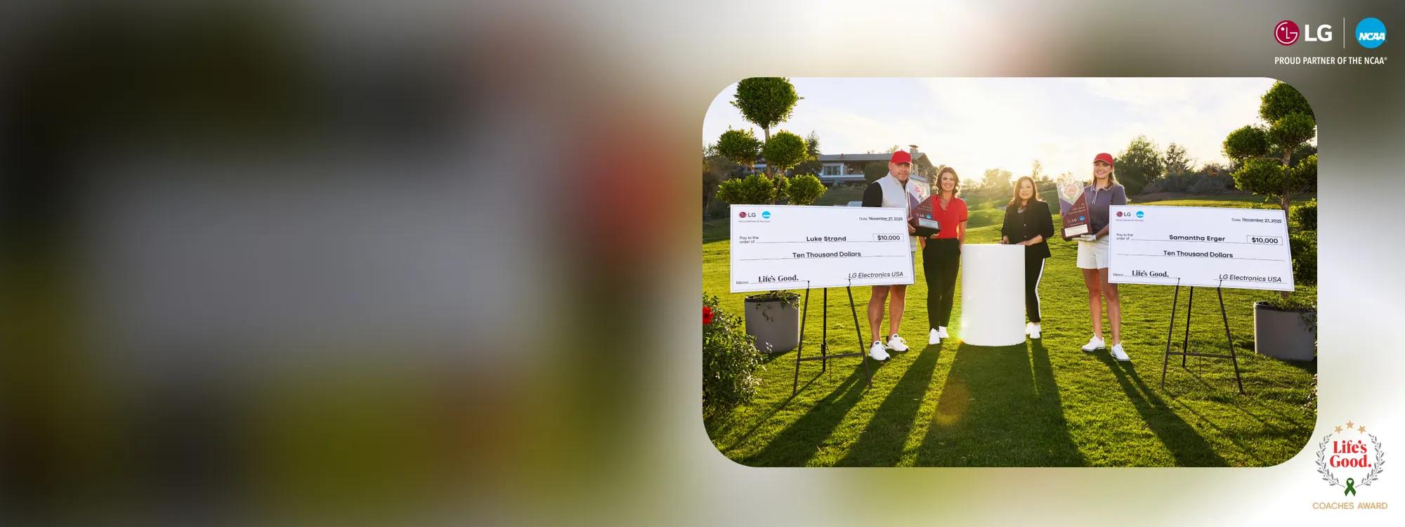 A photo from the 2025 LG Life’s Good Coaches Award ceremony shows Coaches Samantha Erger and Luke Strand posing with their awards. LG Life’s Good Coaches Award logo and LG Life’s Good Coaches Award logo.