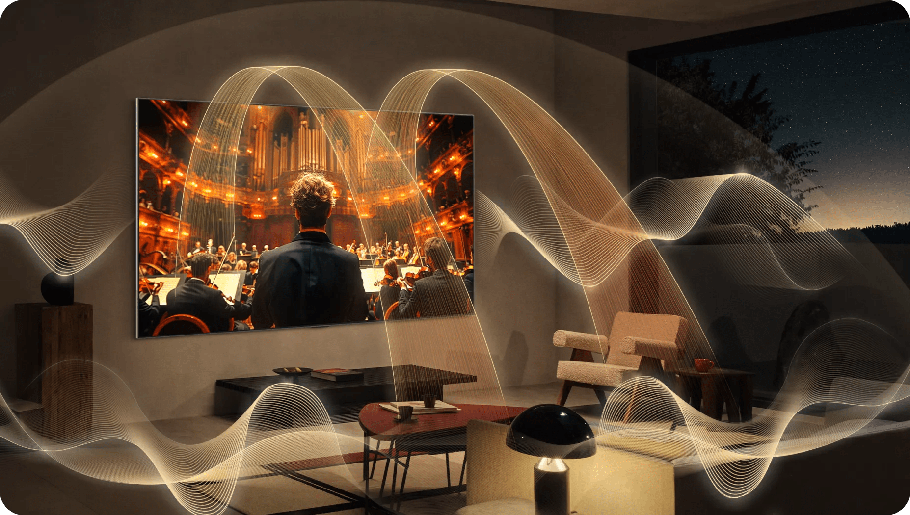 A modern living room with warm lighting and minimalist furniture, where a large TV displays an orchestra surrounded by golden sound waves.