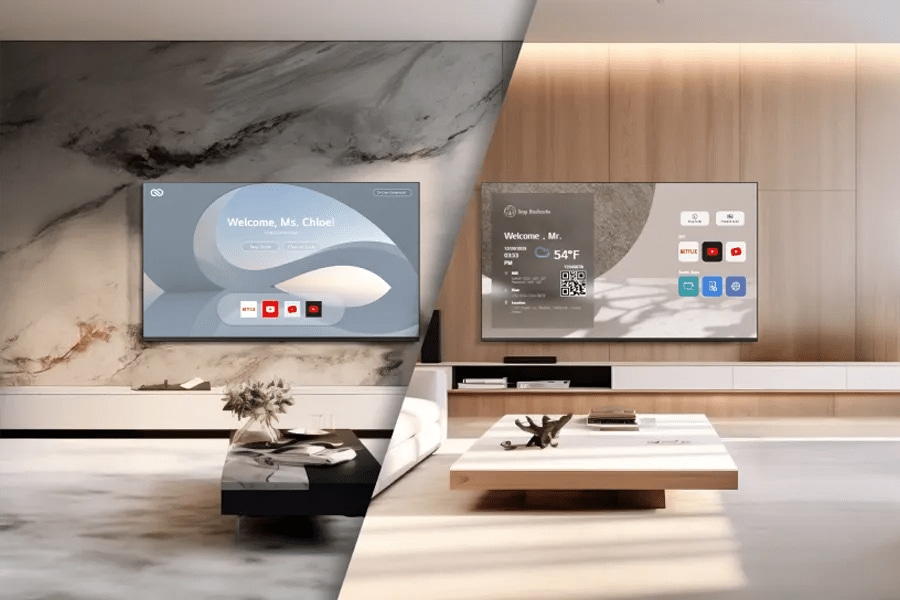 Image showing two modern living rooms with TVs displaying different user interfaces and greetings.

Transcribed Text:

Left Screen: Welcome, Ms. Chloe! Stay Suite, Control Suite, Netflix, YouTube. Right Screen: Welcome, Mr. [Name], 54°F, Netflix, YouTube, [others].