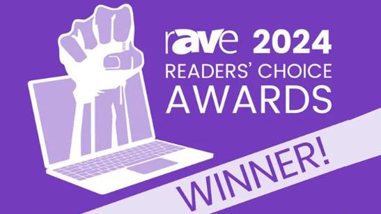 Graphic of a raised fist from a laptop with 'rave 2024 Readers' Choice Awards WINNER!' text on a purple background.