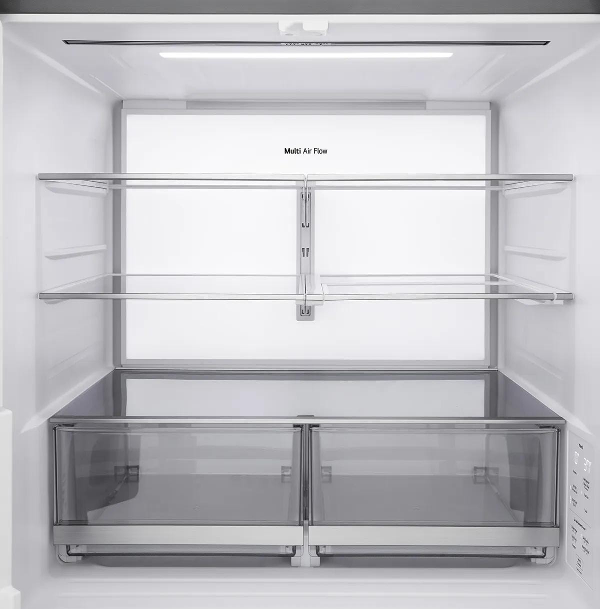 Empty interior of LG 4-door French door refrigerator showing “Multi Air Flow” panel with adjustable shelves and bright LED lighting.