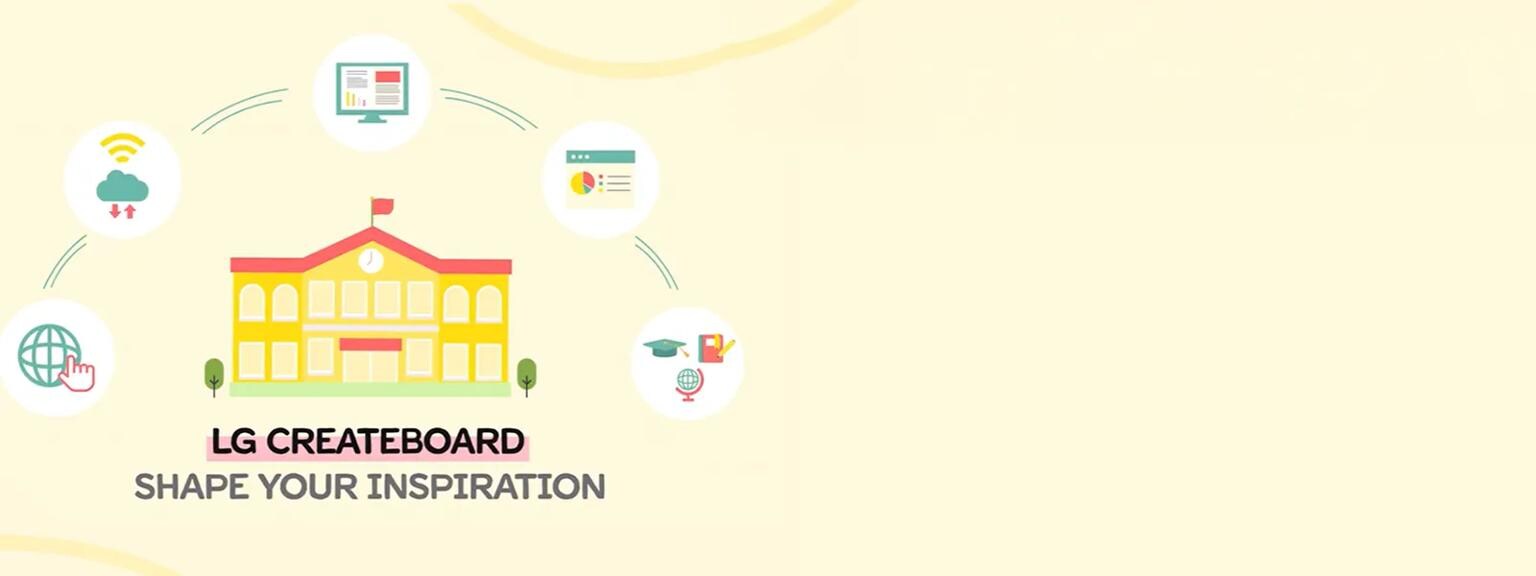 Illustration of a school building with surrounding icons and the text "LG CREATEBOARD SHAPE YOUR INSPIRATION."