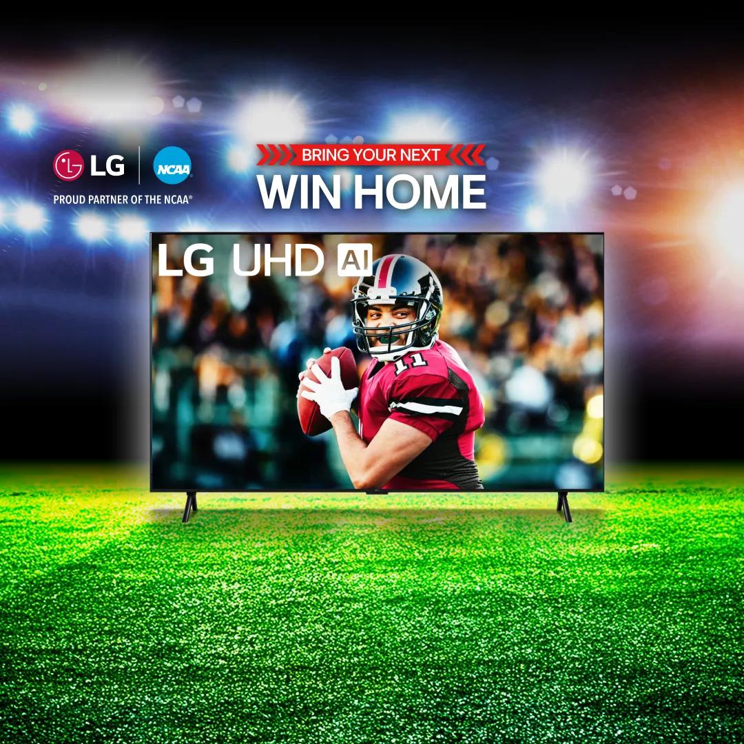 “Bring your next win home” title badge. An LG UHD TV on a football field backdrop. A quarterback scanning the field appears on TV infill.