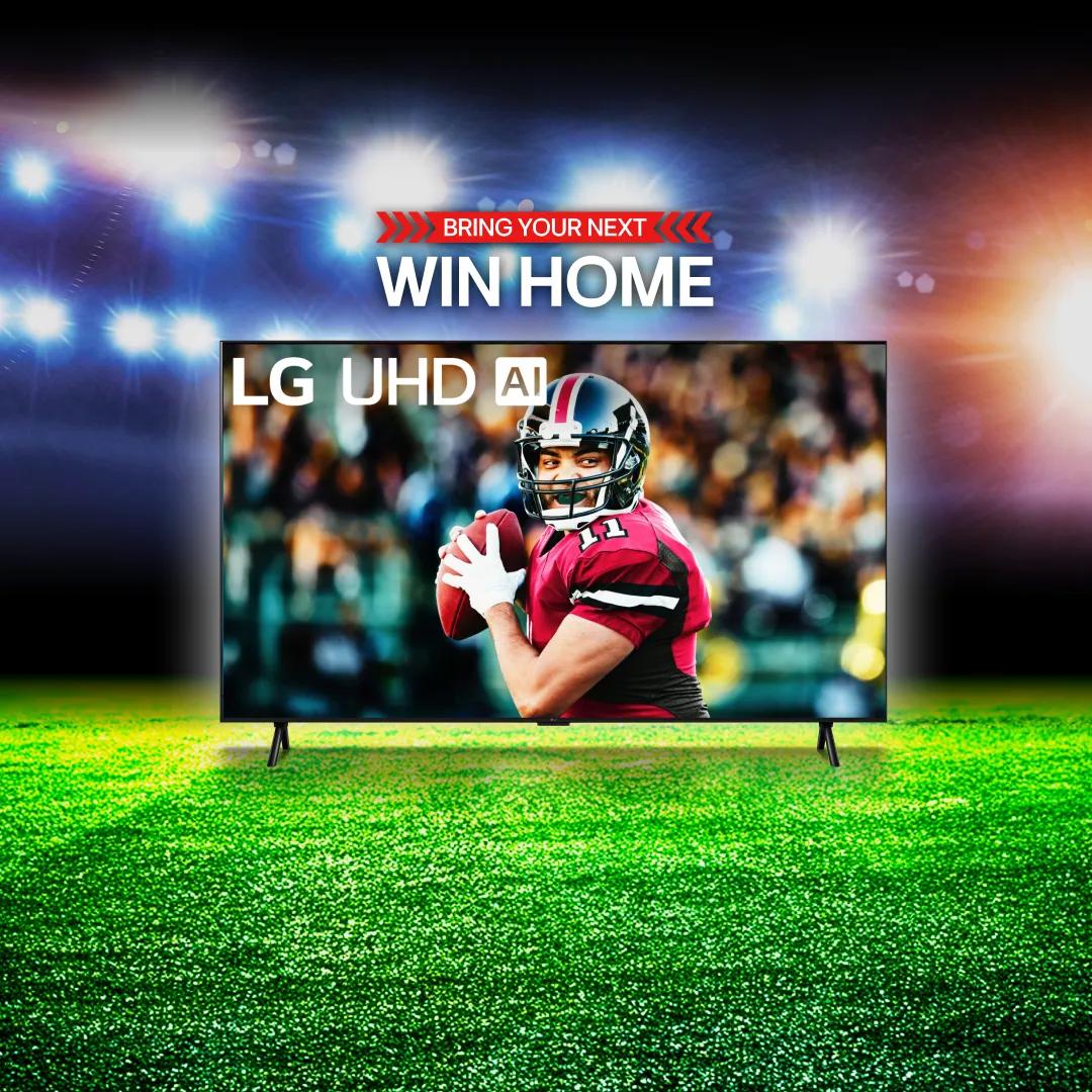“Bring your next win home” title badge. An LG UHD TV on a football field backdrop. A quarterback scanning the field appears on TV infill.