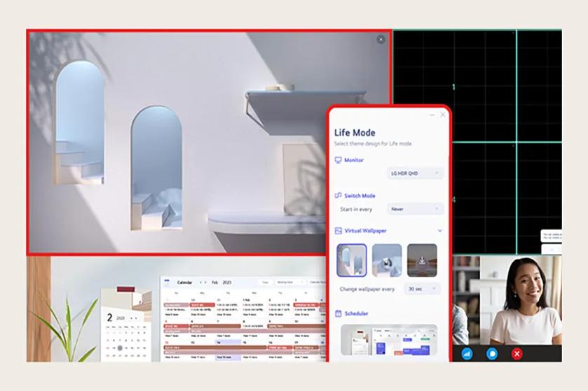The image portrays a composite digital workspace interface. It includes several overlapping frames. On the left, there's a close-up of a digital wallpaper featuring two arched windows opening to a minimalistic style staircase and a shelf casting a shadow on a smooth, light-colored wall. The right side of the image displays a user interface labeled "Life Mode," offering configuration options for a monitor, switch mode, virtual wallpaper, and an event scheduler. In the bottom left, there is a digital calendar opened to February 2023, showing multiple events in red and grey boxes. On the bottom right, a small video conferencing window shows a smiling person, indicating a virtual meeting or call.