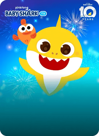 Baby Shark title card featuring the smiling yellow Baby Shark character underwater with orange fish next to him and fireworks.