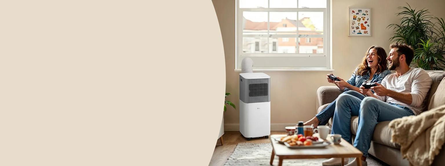 A man and woman play a video game in living room setting as a Portable LG Air Conditioner cools the room. 