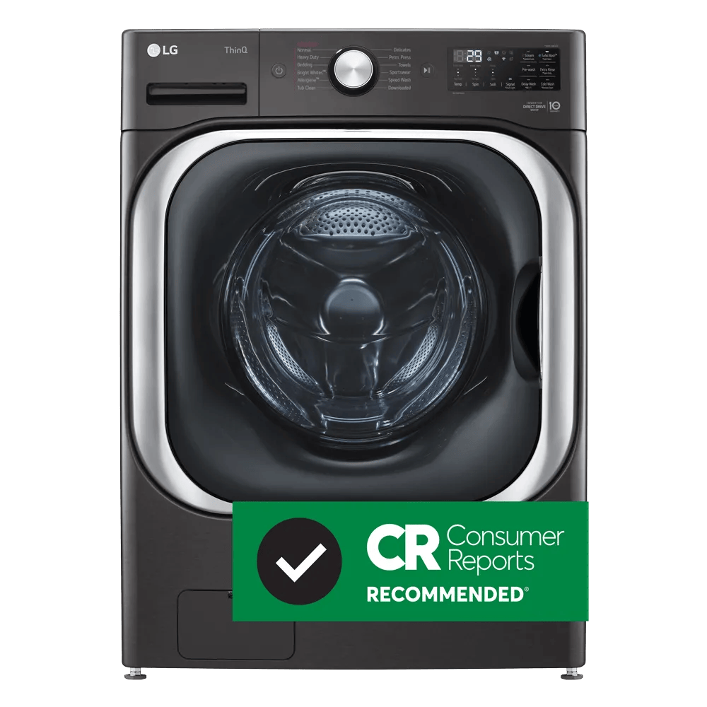 Front view of the dark gray front-load WM8900 washer.