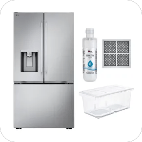 LG LF24Z6530S French Door Refrigerator - Stainless Finish - Front View, LG U95AFT1 Vegetable Crisper Drawer - Side Angle View and LG LT1000P Refrigerator Water Filter - Front View