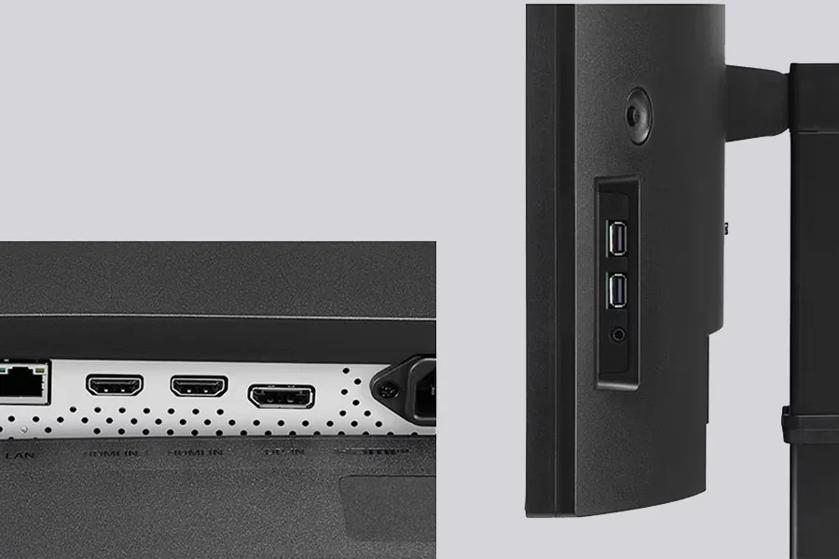 Back panel of a computer monitor showing various ports including HDMI, Ethernet, and USB.