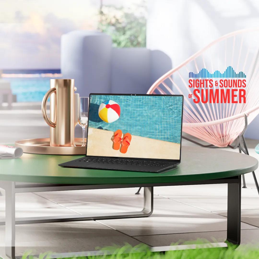 “Sights and sounds of summer” title . LG gram laptop on a poolside table. 