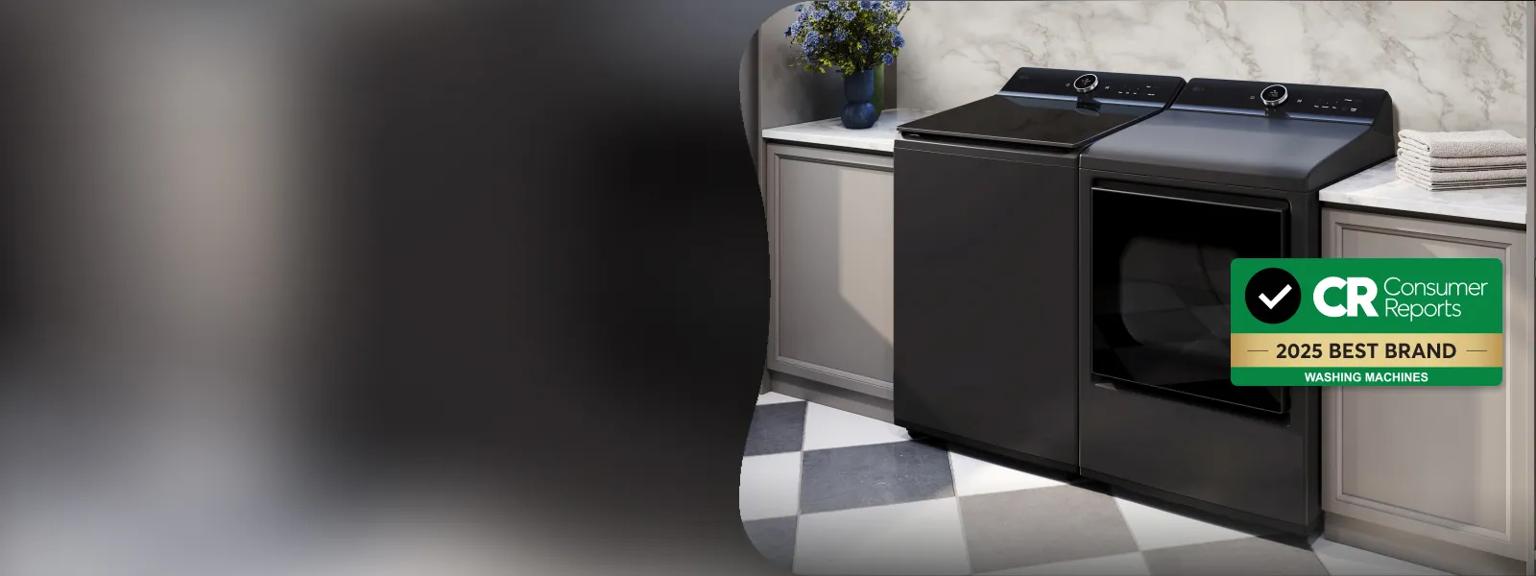 An LG top load washer and dryer in a laundry room. A Consumer Reports badge says “2025 Best Brand Washing Machines.”