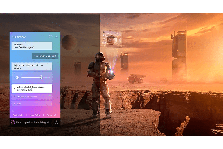 Screen shows an astronaut on a red planet using futuristic technology. Overlay shows interaction with AI Chatbot in which a user, "Jenna," commands the TV to adjust brightness to an optimal setting.