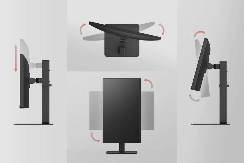 Four views of the LG monitor showing how the display can move up or down, pivot, swivel, and tilt.