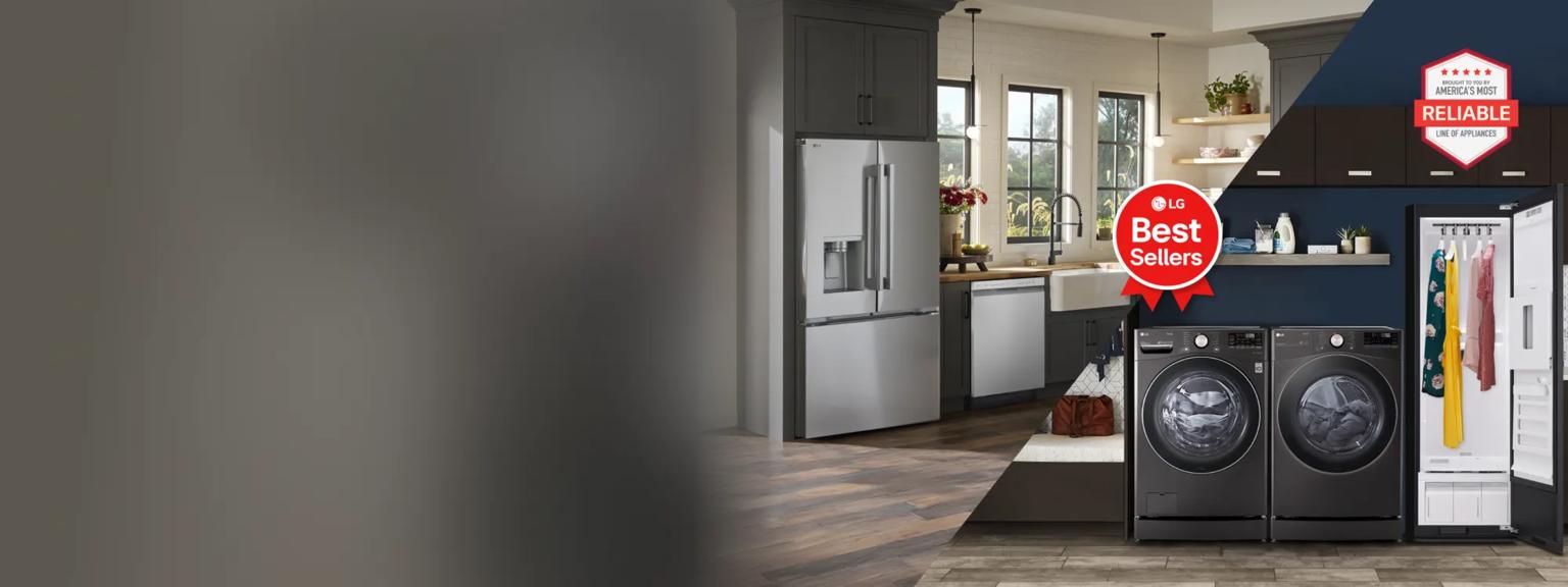 2 scenes from a kitchen and laundry room displaying LG appliances. “LG Best Sellers” and “America’s Most Reliable Line of Home Appliances” badges.