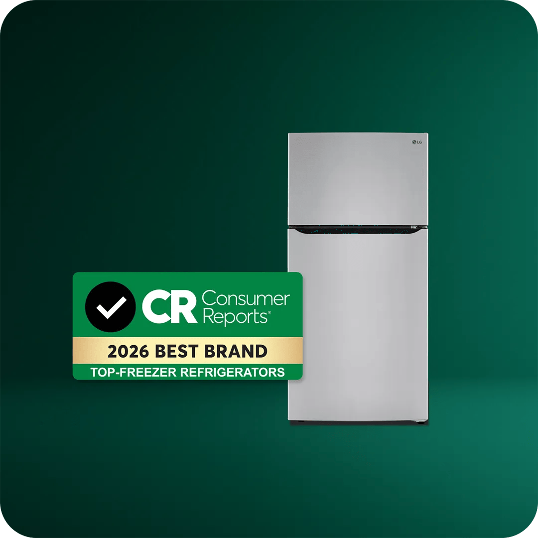 A stainless steel top-freezer refrigerator on a green background with a Consumer Reports 2026 Best Brand badge for top-freezer refrigerators.