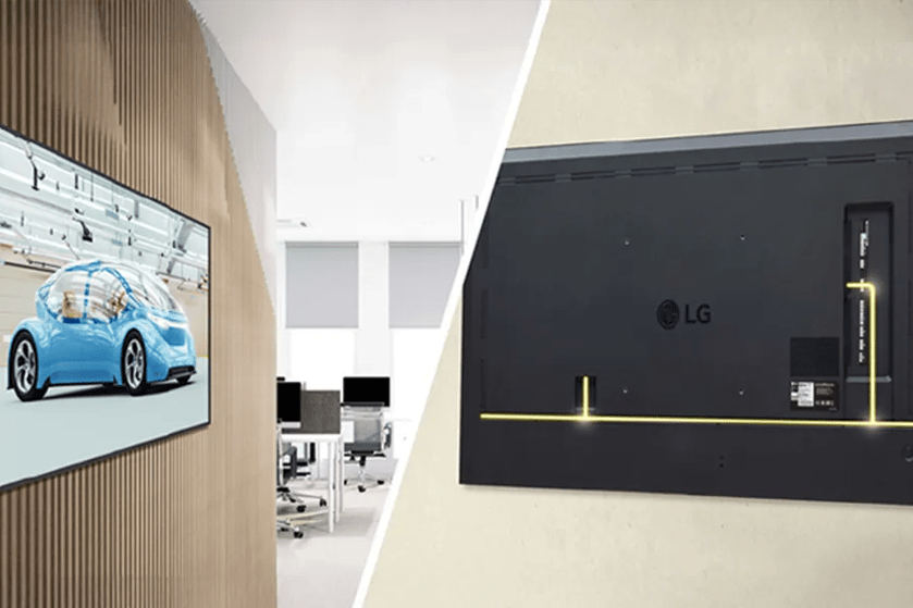 Split image showing a flat-screen TV with a futuristic car in an office and the back of an LG TV with highlighted wiring.