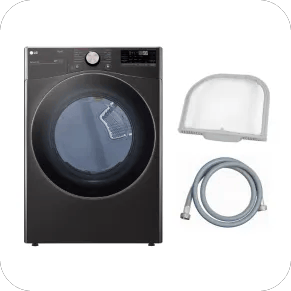 LG DLEX4000B / DLGX4001B Front Load Washer - Black Stainless Finish - Front View, LG 5231EL1001C Replacement Dryer Lint Filter - Front View and LG AAA75232303 Dryer Steam Kit - Front View