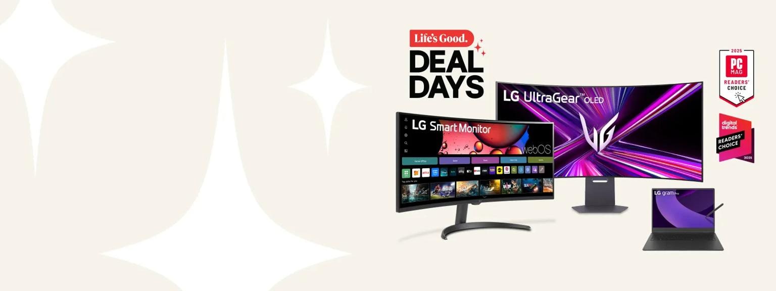 “Life’s Good Deal Days” title badge. A group of LG monitors and laptops appear on a white background. 