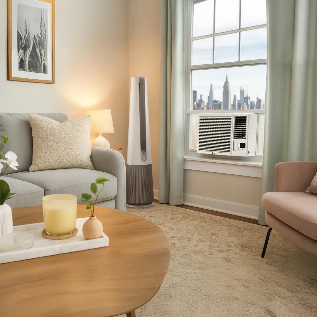 An LG window AC and air purifier appear in a bright living room setting.