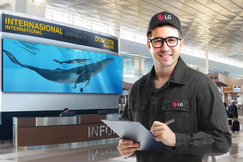 A technician with an LG logoed uniform, standing near a large indoor DVLED display. An icon shows a technician next to a simplified display.