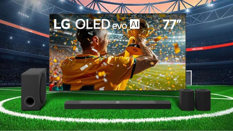 An LG OLED evo TV and Soundbar appear on a soccer stadium field. 