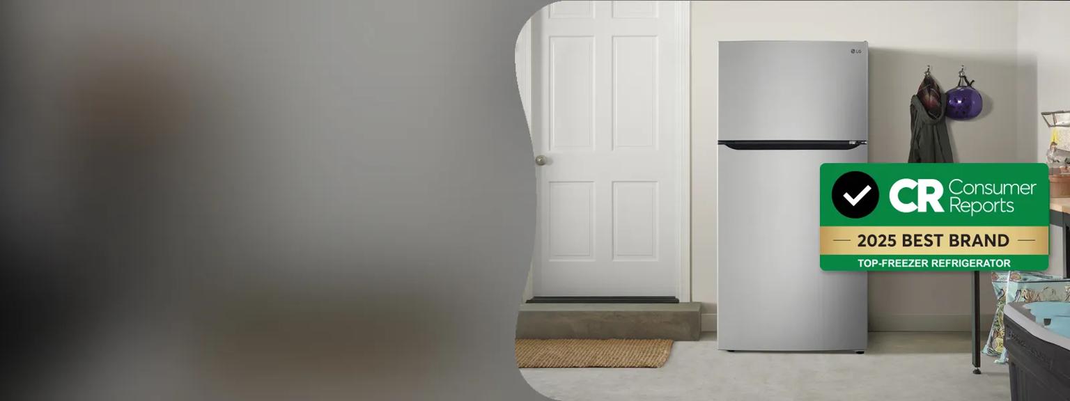 An LG refrigerator in a mudroom. A Consumer Reports badge says “2025 Best Brand Top-Freezer Refrigerator.”