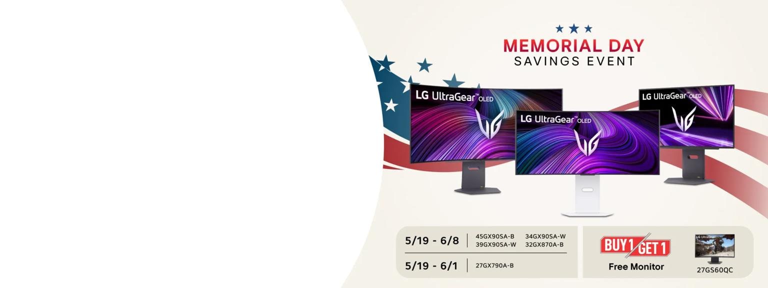 “Memorial Day Savings Event” title badge. A group of monitors on a stars and stripes background. pop-out of a qhd monitor and the text “FREE MONITOR”.