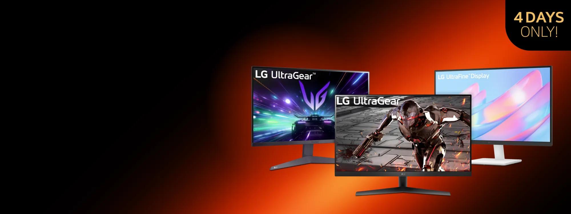 Image of three monitors showcasing "4 days only" for a limited-time LG UltraGear and UltraFine display sale.