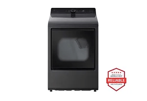 A front-facing image of the LG DLG8201L top load dryer next to a red 'America's most reliable line of home appliances' badge.