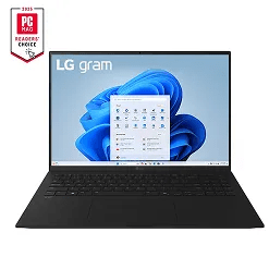 Front view of black LG Gram laptop with green display and 2025 PC Editor's Choice badge.
