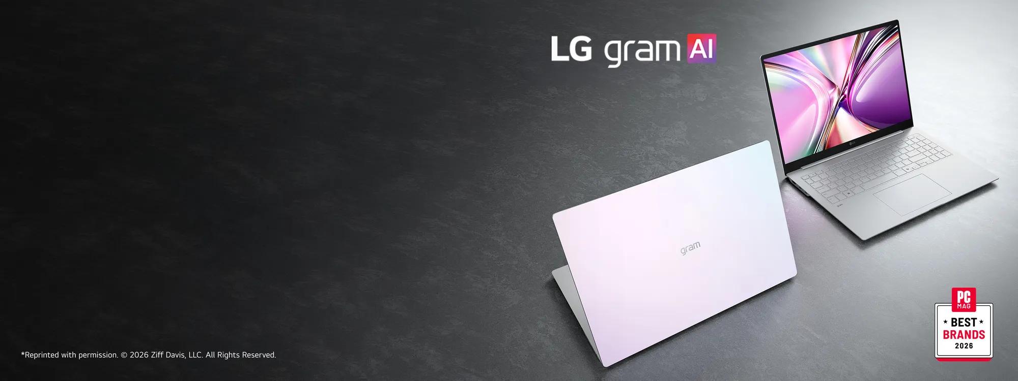 Two silver LG gram AI laptops on a dark surface, one closed and one open displaying a colorful abstract screen graphic.