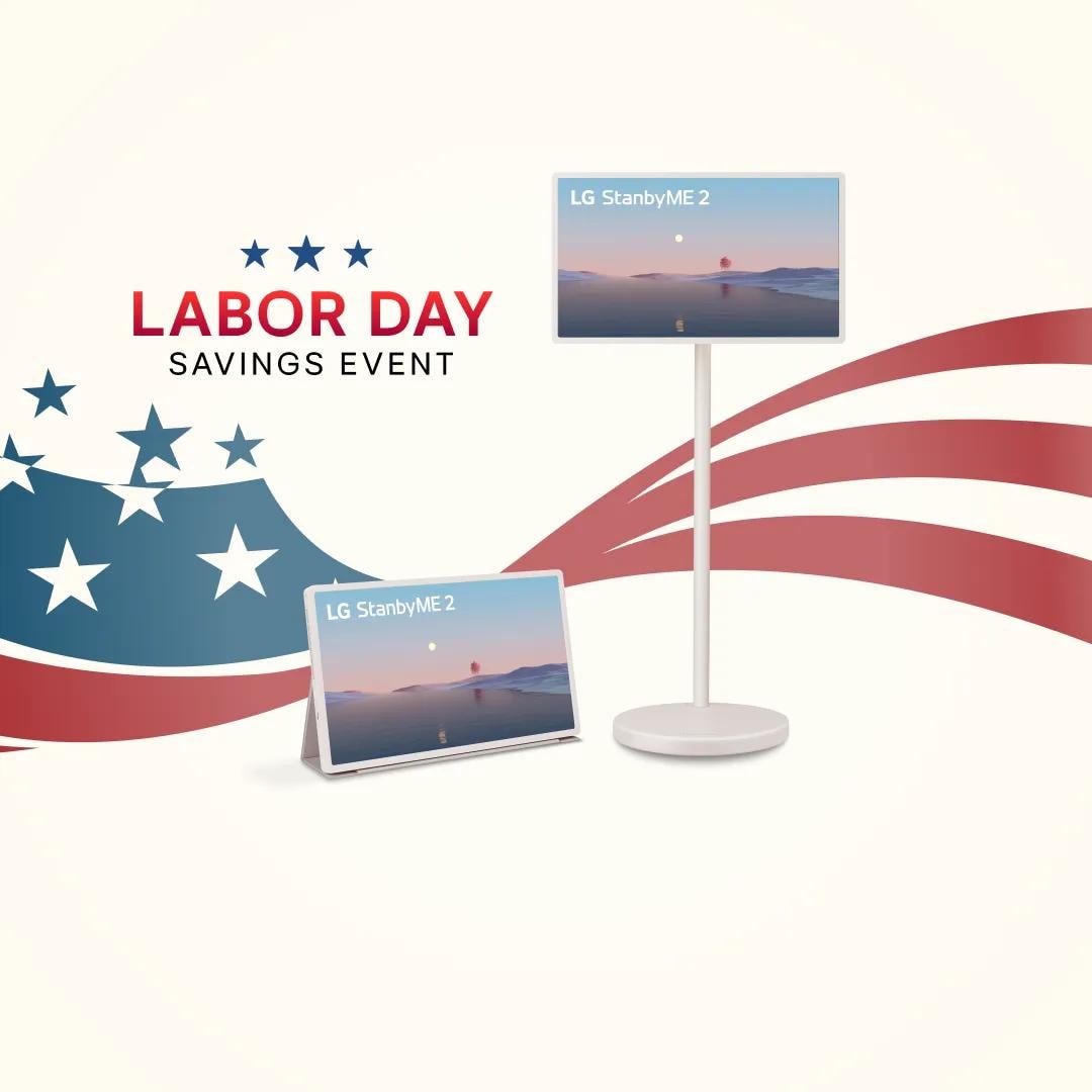 ”Labor Day Savings Event” title badge. 2 StanbyME 2 portable smart touchscreens on a stars and stripes background. 