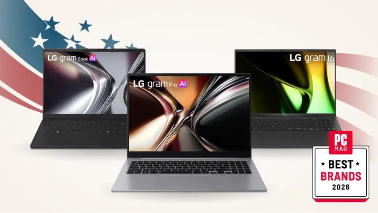 A group of LG laptops on a stars and stripes background. “PC MAG best brands” badge.