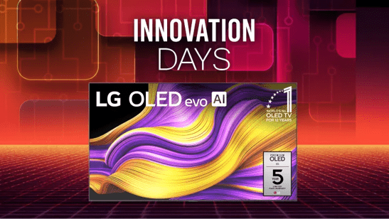 An OLED tv appears on a red background.